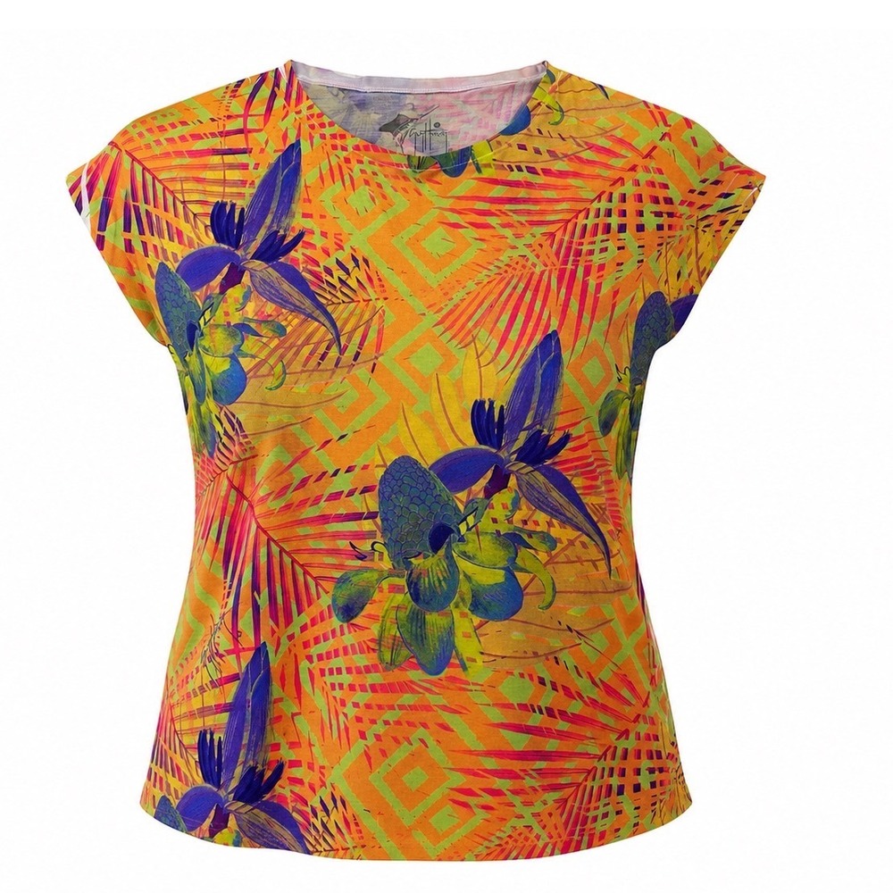 Guy Harvey Top Womens M Tropical Floral Palm Leaf Print Polyester Cap‎ Sleeves